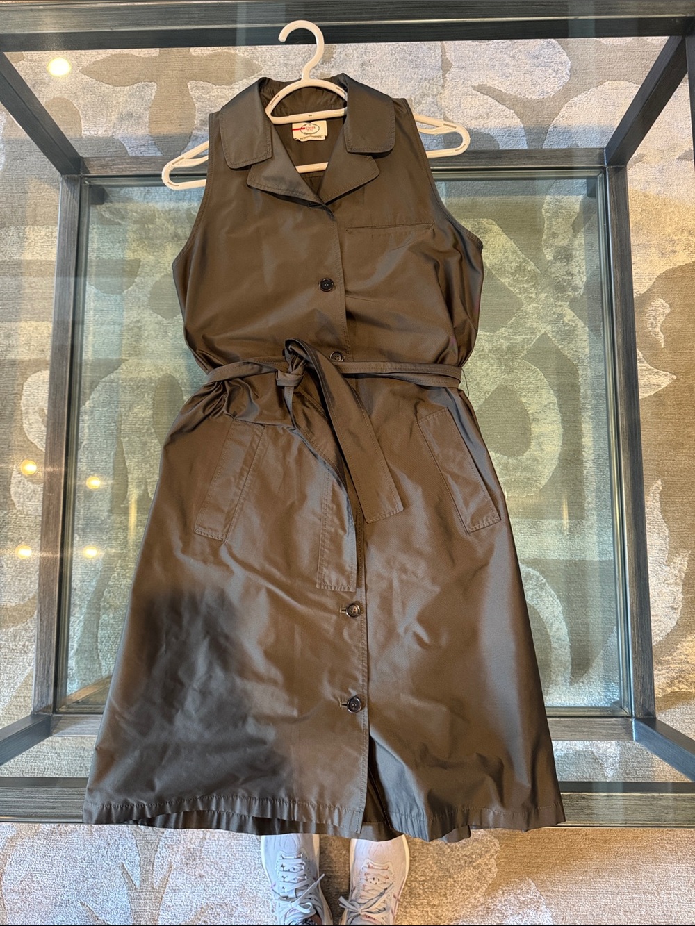 Prada olive green button down shirt dress with belt.